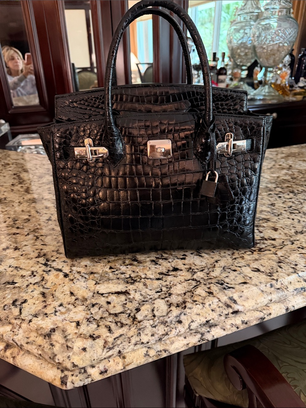 Black genuine, Crocodile Handbag with Top Handles